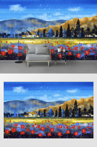 现代手绘抽象风景油画背景墙图片