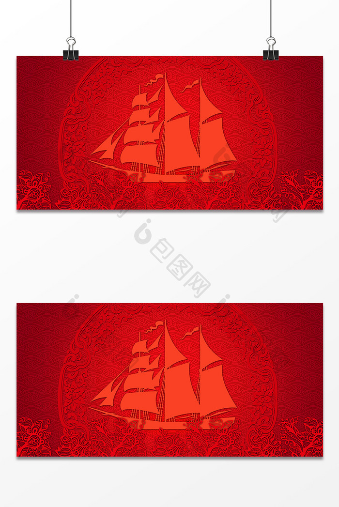 红色中国风帆船背景设计