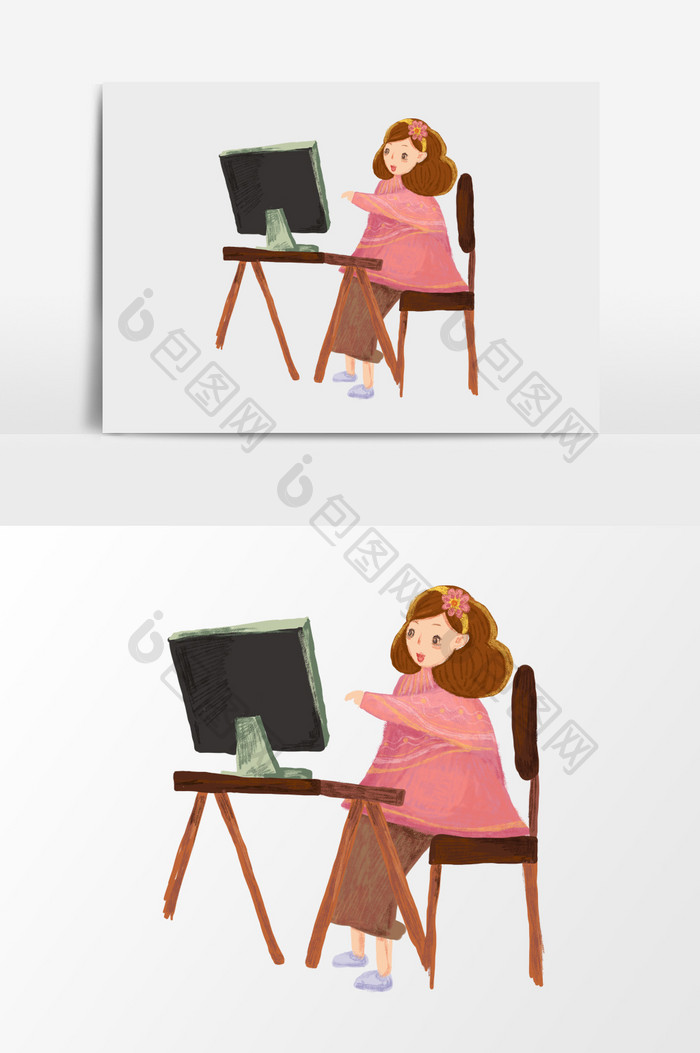 手绘使用电脑的女孩插画元素