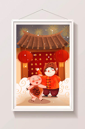 红色猪年喜庆年插画图片
