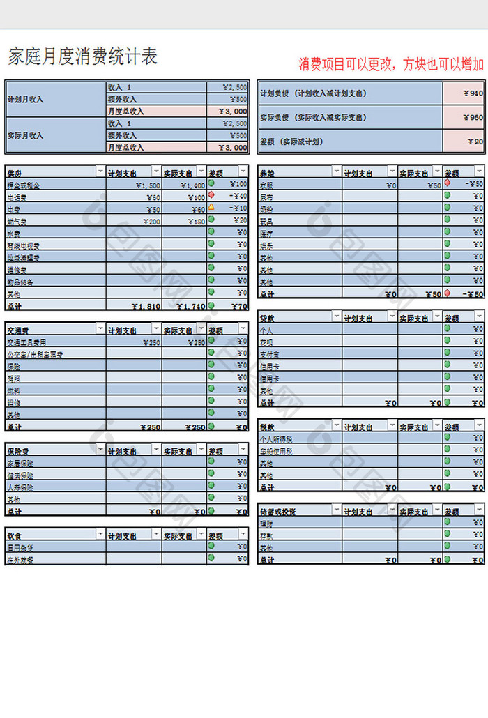 家庭月度消费统计表excel模板