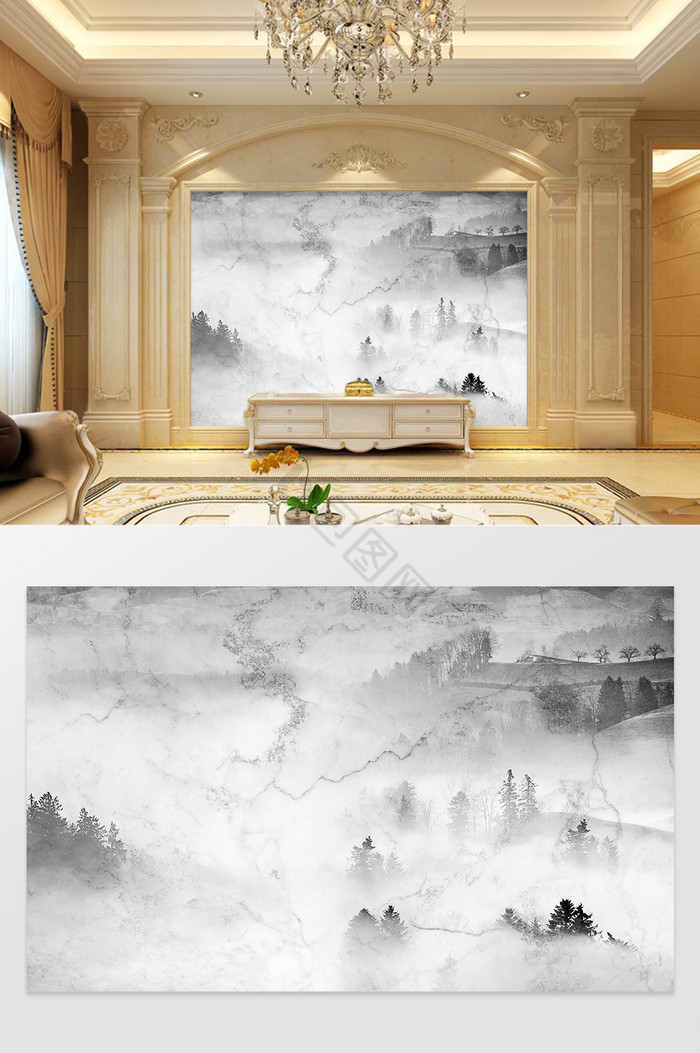 中式大理石山岭唯美电视背景墙图片