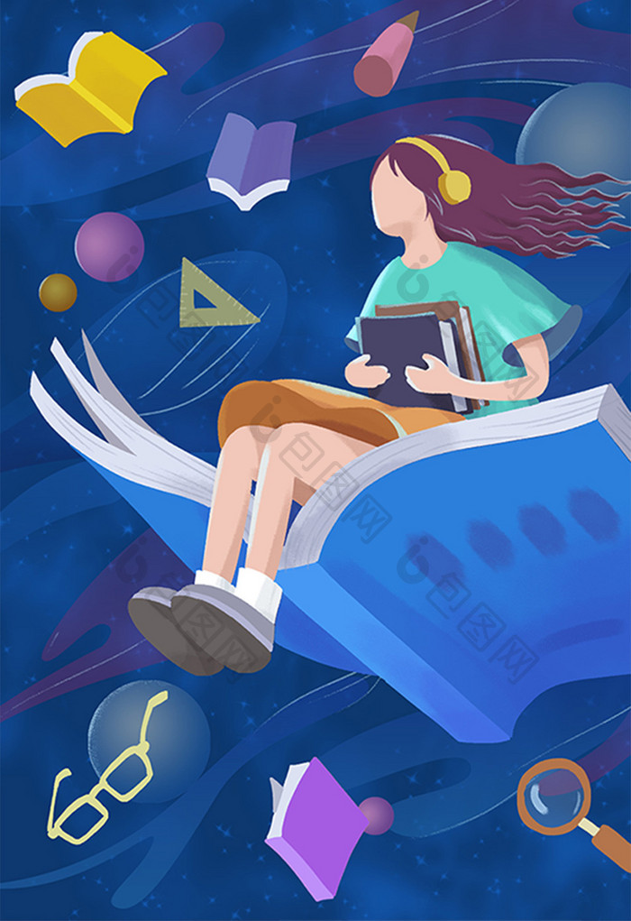 浪漫书本知识太空学习的飞翔女孩插画
