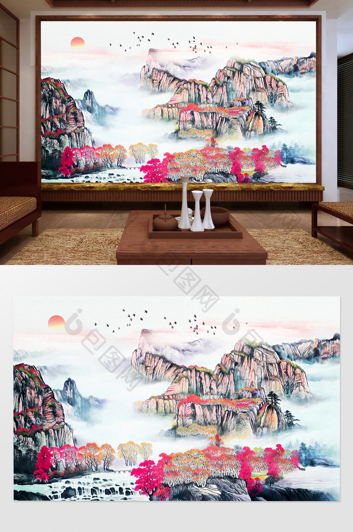 新中式唯美意境山水风景国画电视背景墙