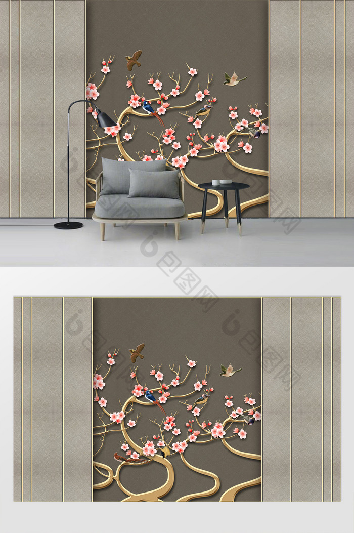 现代简约花朵浮雕花枝背景墙图片图片