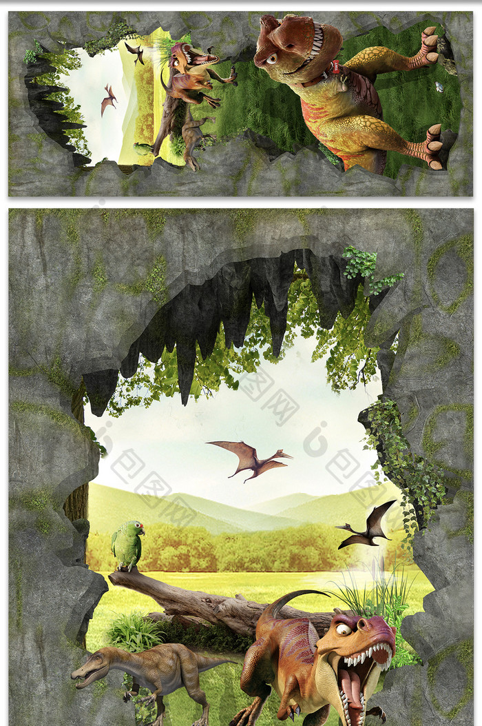 3D立体原始森林侏罗纪地板画