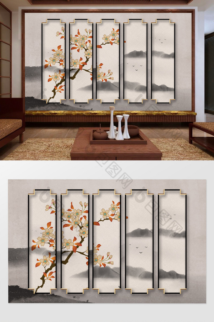 新中式复古花枝树枝背景墙