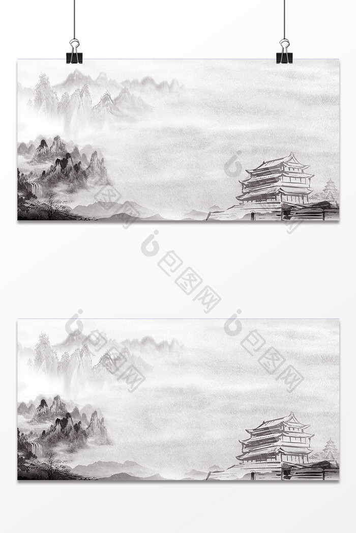 中国风水墨古建山峰背景设计