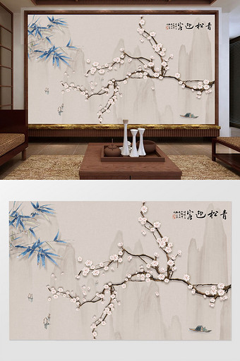 手绘新中式玉兰工笔花鸟背景墙图片