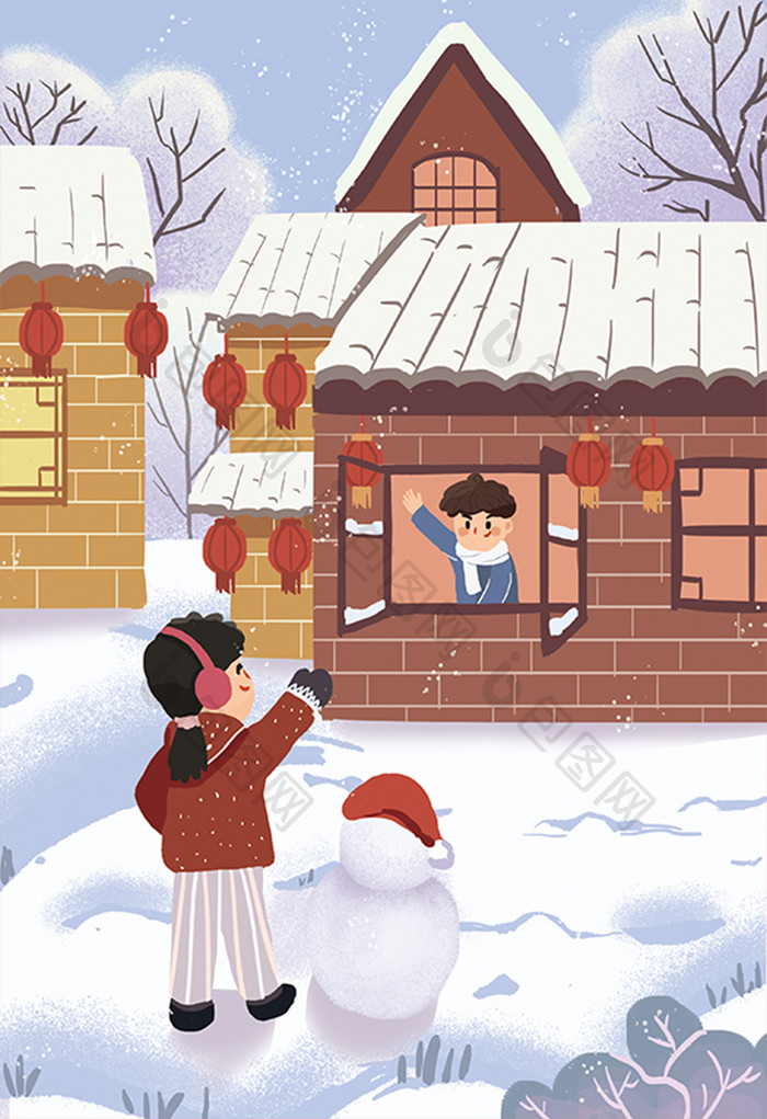 大寒雪景房子风景雪花卡通人物扁平插画