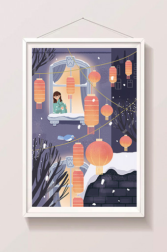 元宵节夜景雪景猜灯谜少女卡通唯美扁平插画图片