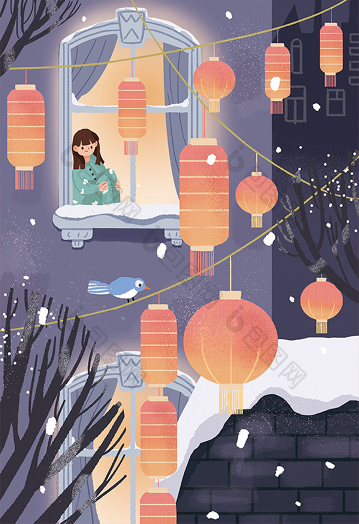 元宵节夜景雪景猜灯谜少女卡通唯美扁平插画