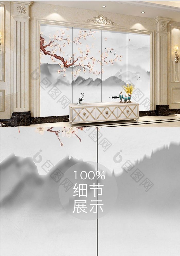 新中式手绘花鸟电视背景墙装饰