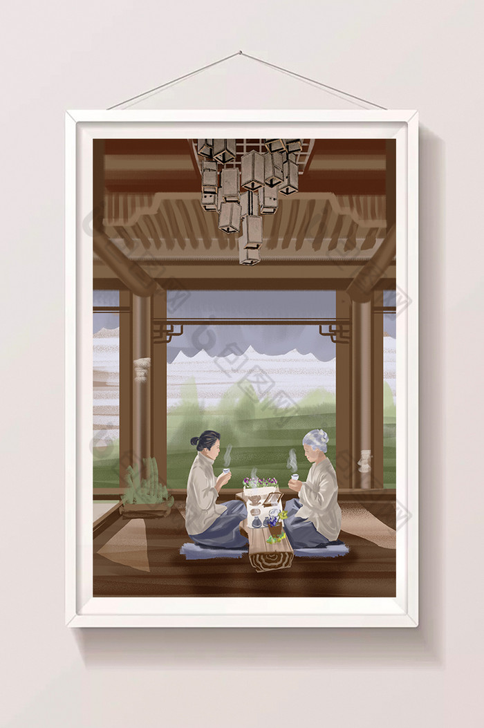 茶道中国文化喝茶饮茶冬季养生茶插画图片