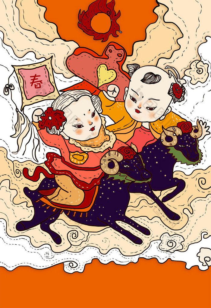 红色喜庆春节小孩卡通插画