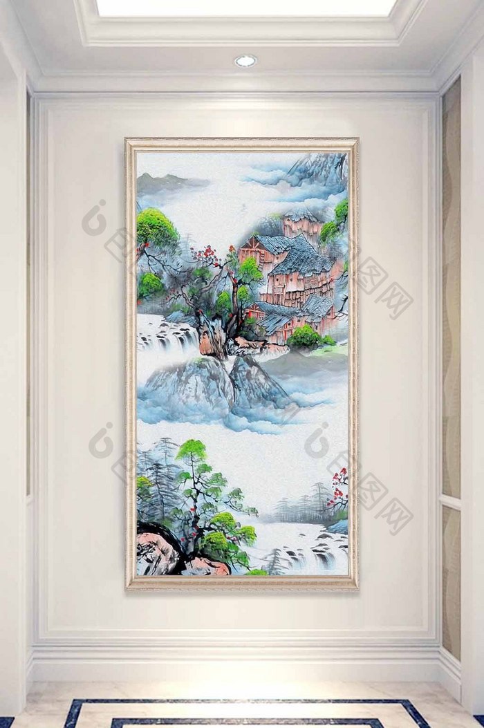 中式唯美手绘山水画房子玄关装饰画