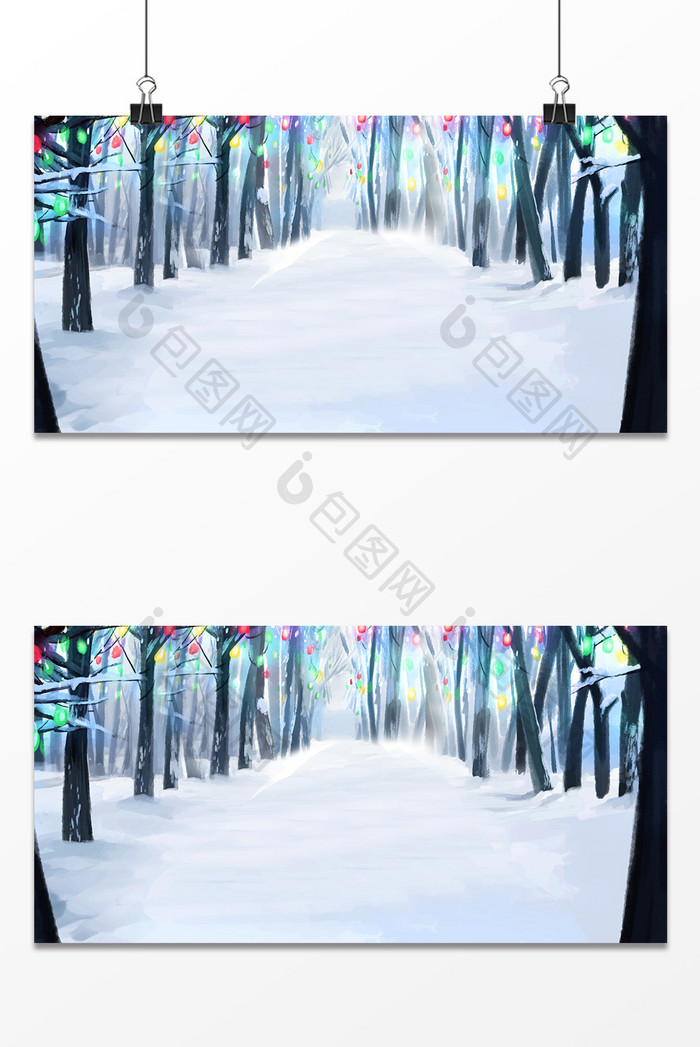 冬季手绘冬至树林积雪彩灯庆祝通用背景