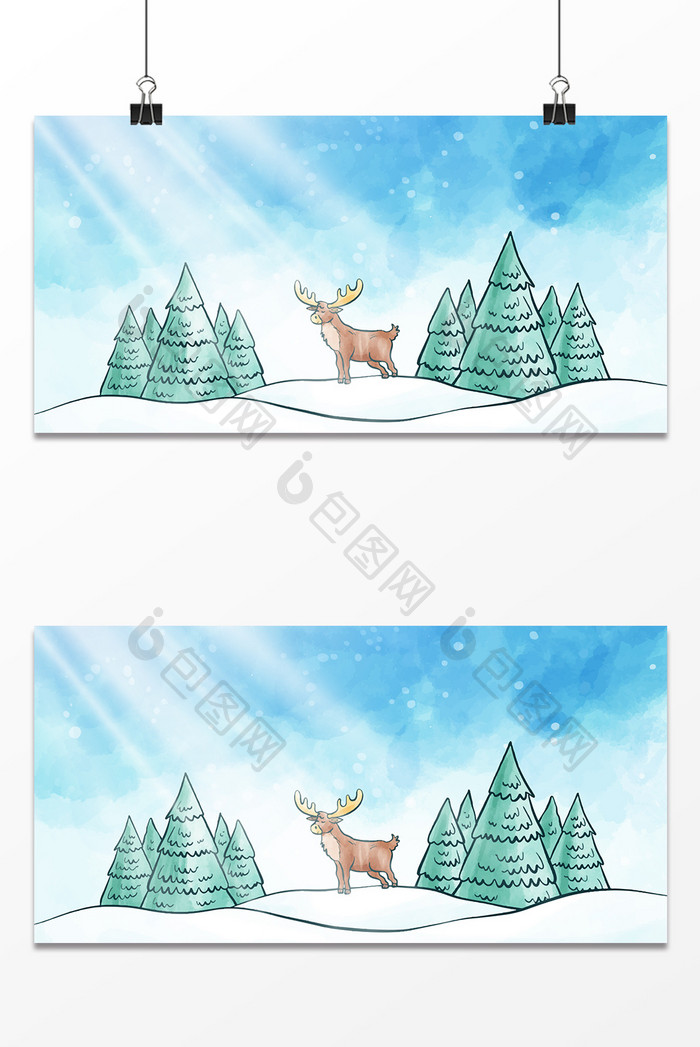 冬至手绘卡通麋鹿线条简约通用展板背景