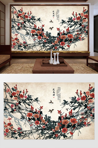 新中式花鸟电视客厅背景墙图片