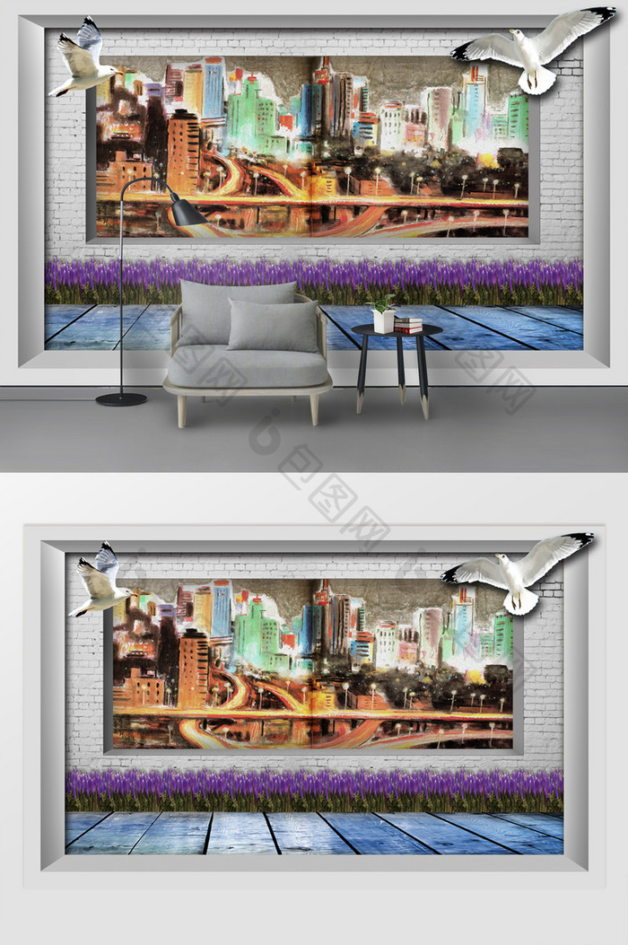 现代创意石砖3d繁华大雁城市油画电视背景