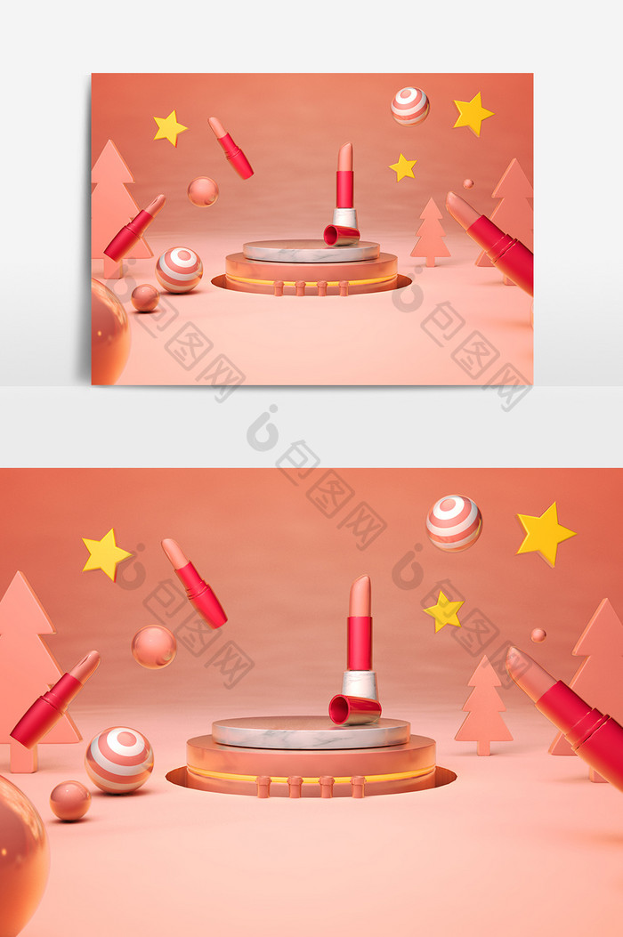 创意珊瑚橘C4D立体化妆品口红装饰场景