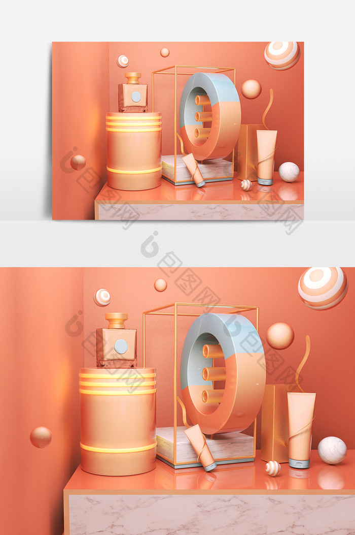 活力珊瑚橘C4D创意化妆品装饰场景元素