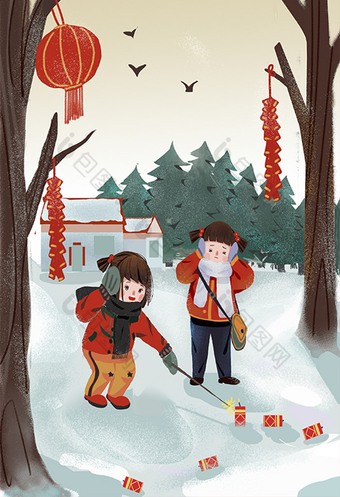 小年雪景放鞭炮儿童红灯笼卡通扁平插画