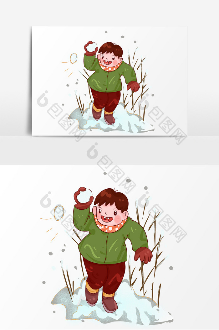 冬季新年扔雪球的小孩卡通