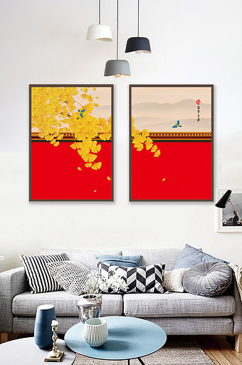 中国风现代民俗简约红色工笔两联装饰画图片
