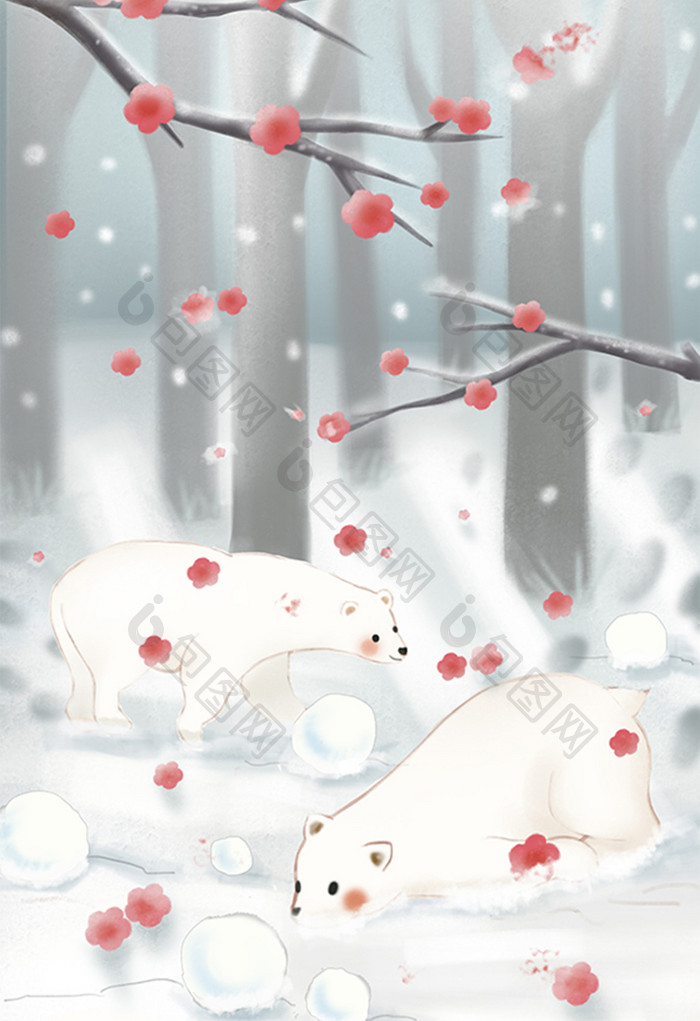 两只北极熊梅花冬季梅花散落雪地图
