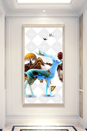 现代北欧小鹿花鸟玄关装饰画图片