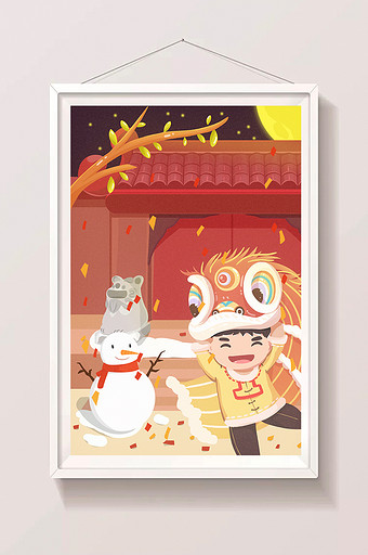 元宵节舞狮雪人传统习俗民俗插画图片
