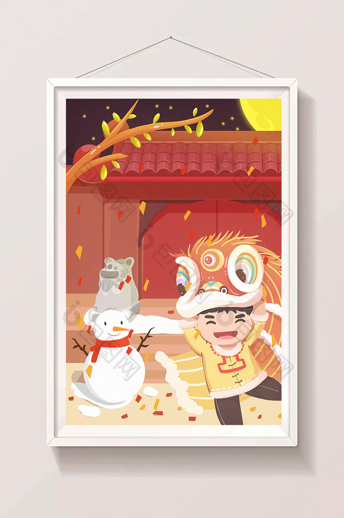 元宵节舞狮雪人传统习俗民俗插画