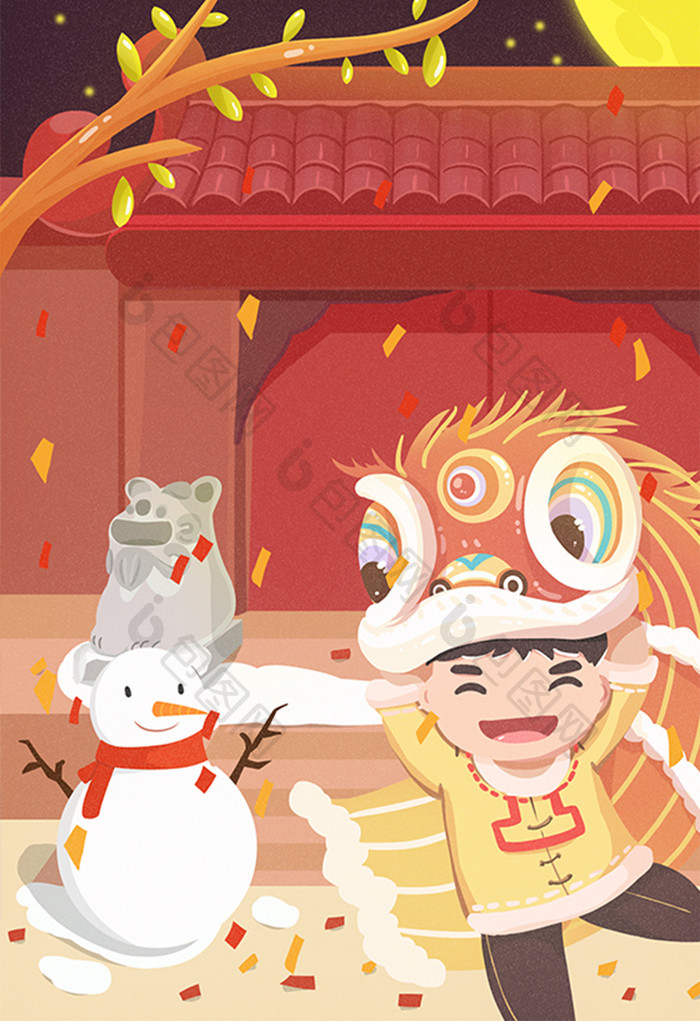 元宵节舞狮雪人传统习俗民俗插画