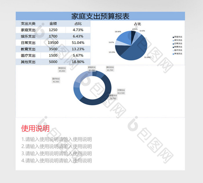 蓝色月度家庭预算表excel模板