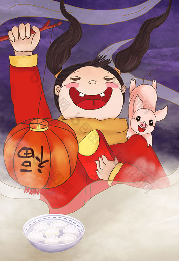 红色喜庆中国风春节插画