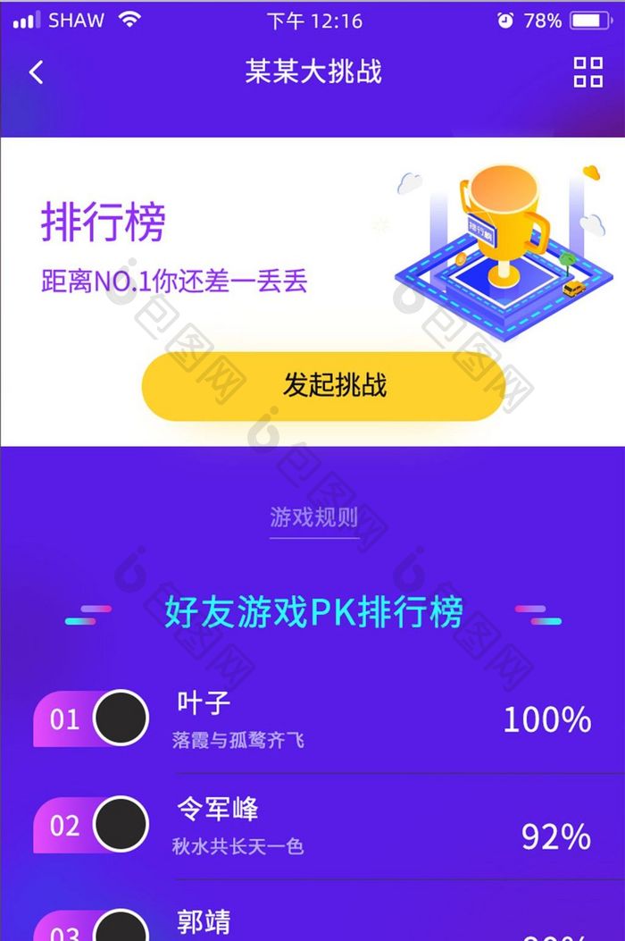 紫色简洁大气app游戏排行榜UI移动界面