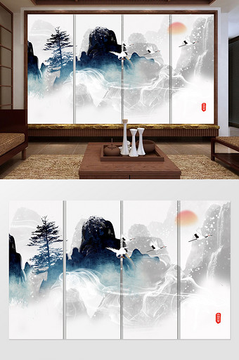 新中式创意山水飞鹤定制电视背景墙图片