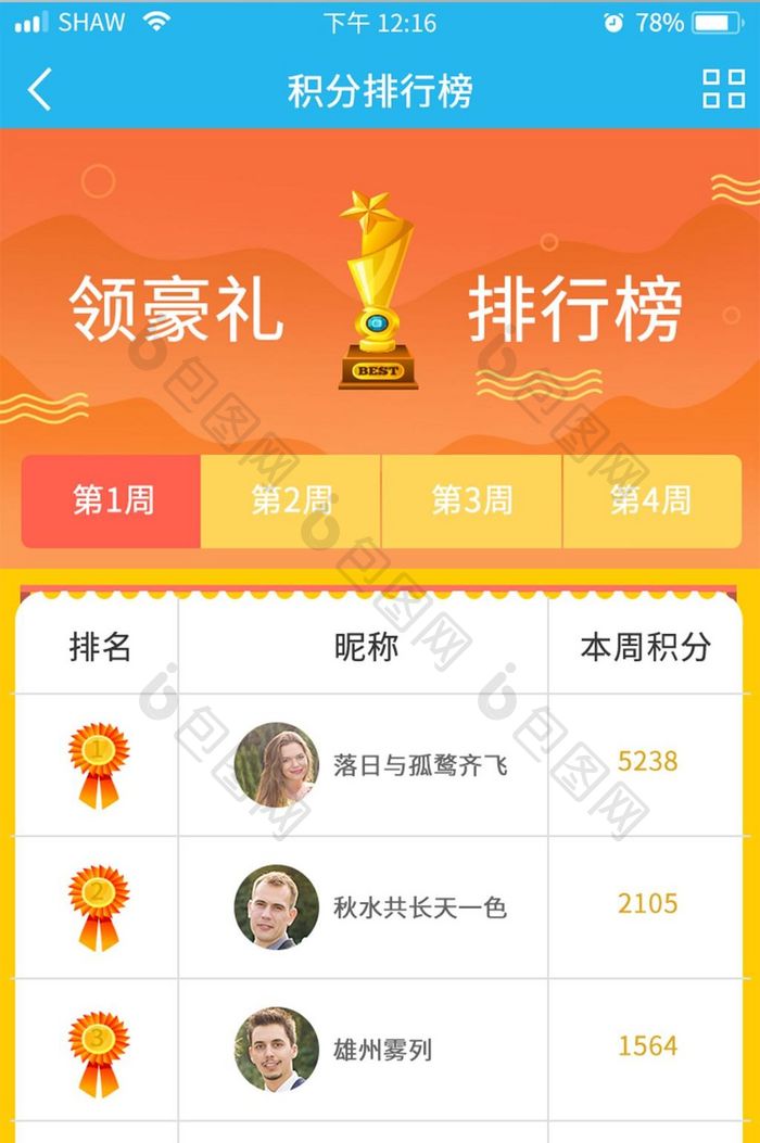 UI移动界面app领豪礼积分排行榜榜单