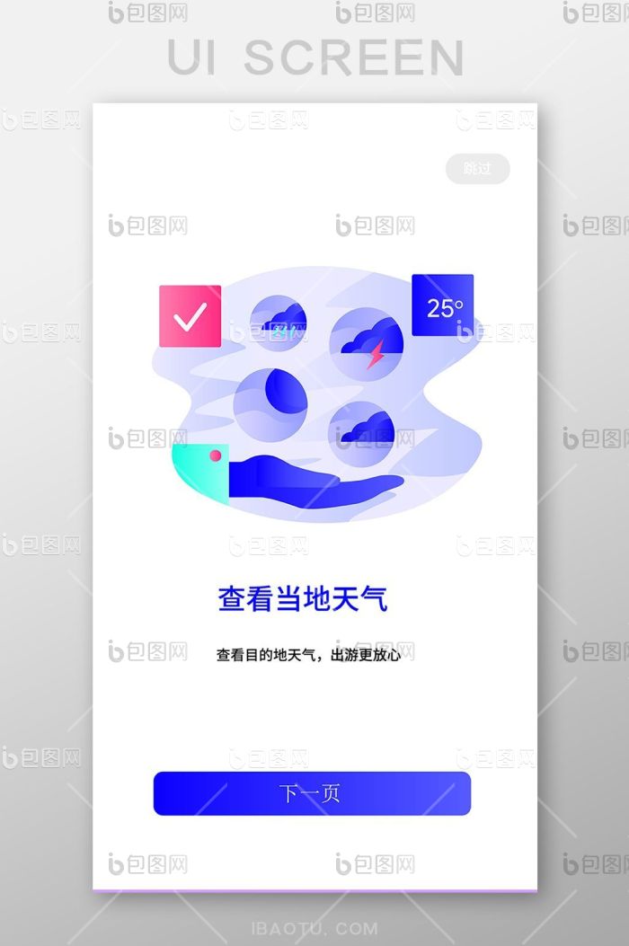 蓝色扁平时尚旅游app引导页ui移动界面-包图网