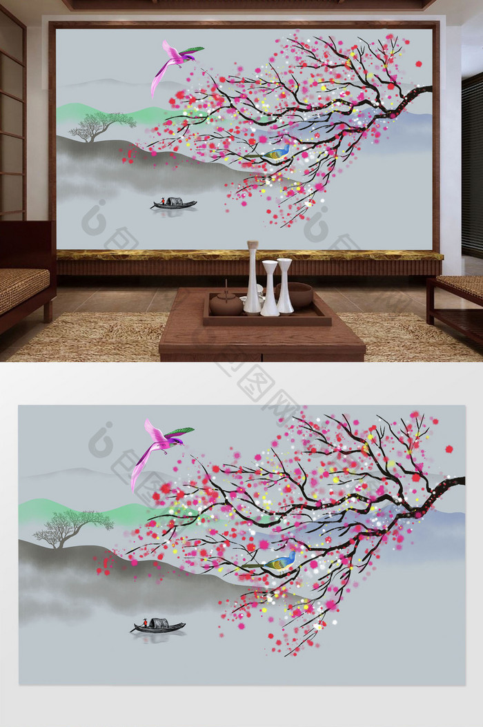 中式花鸟山水画背景墙壁画