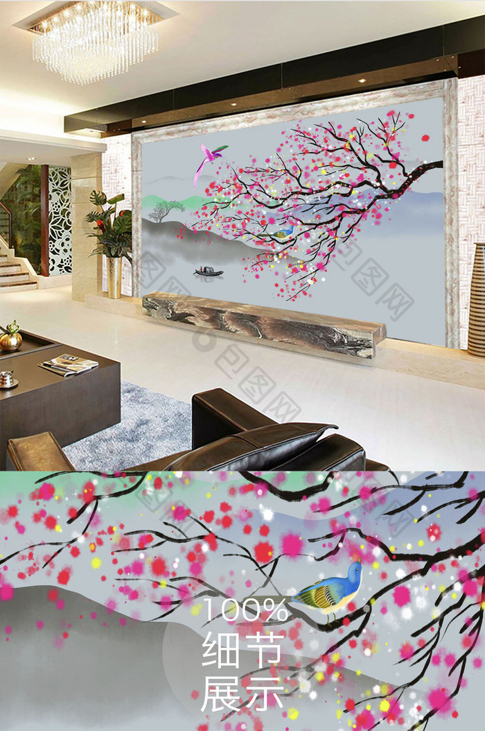 中式花鸟山水画背景墙壁画
