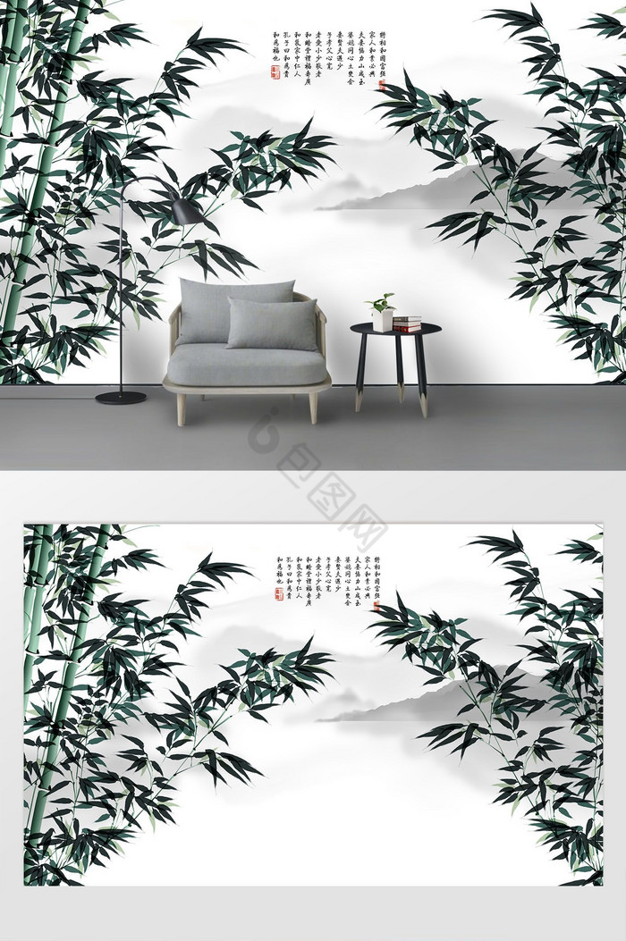 中式水墨彩绘竹林鸟儿背景墙图片