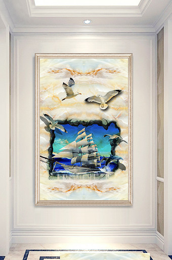大理石创意3D蓝天大海帆船玄关装饰画图片