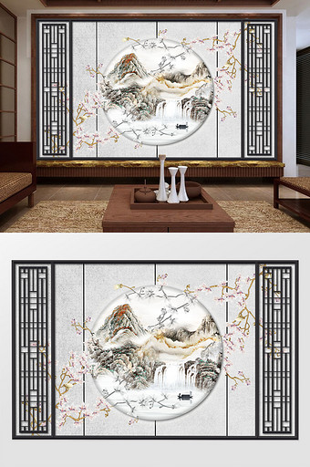 新中式手绘工笔花鸟山水创意背景墙图片