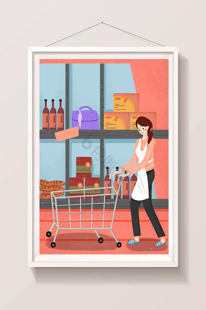 商场超市手推车购物插画