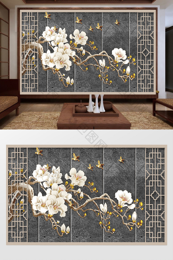 新中式手绘工笔花鸟新中式背景墙