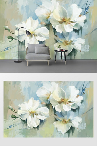 现代简约手绘花卉背景墙壁画图片