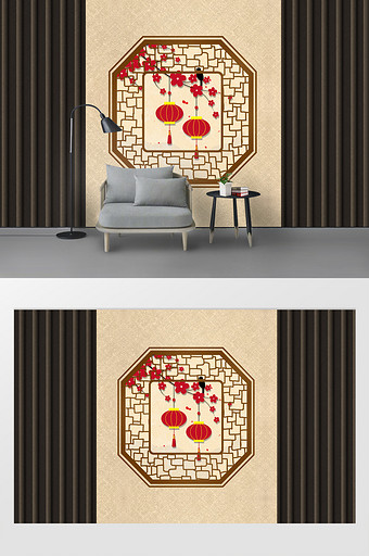 中国风手绘古典窗梅花灯笼背景墙图片