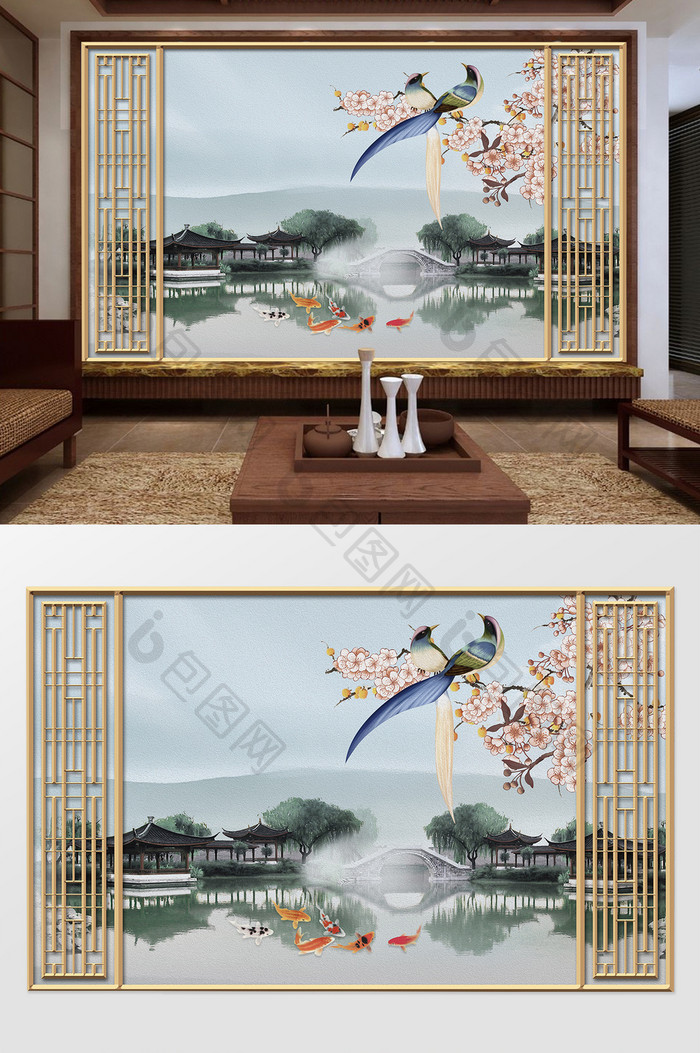 新中式禅意山水画花卉鸟儿电视背景墙